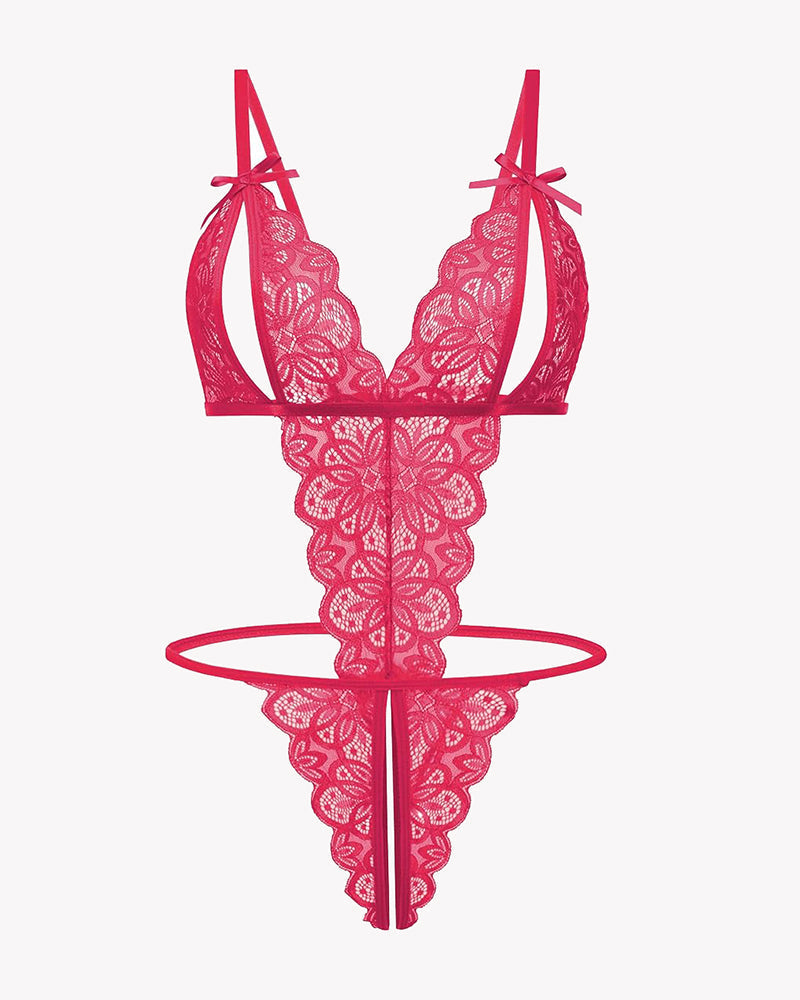 Pink lace deep V teddy bodysuit with long ribbon straps and scalloped lace edges