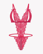 Pink lace deep V teddy bodysuit with long ribbon straps and scalloped lace edges