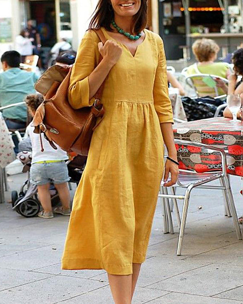 Yellow loose cotton linen beach dress with V-neck, 3/4 sleeves, and gathered waist