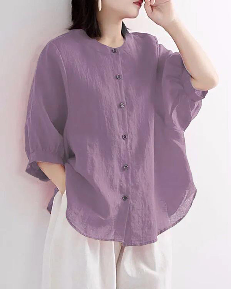 Purple lantern-sleeve loose shirt with short sleeves and button front