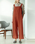 Caramel bib overalls with wide legs, front seam, adjustable shoulder straps