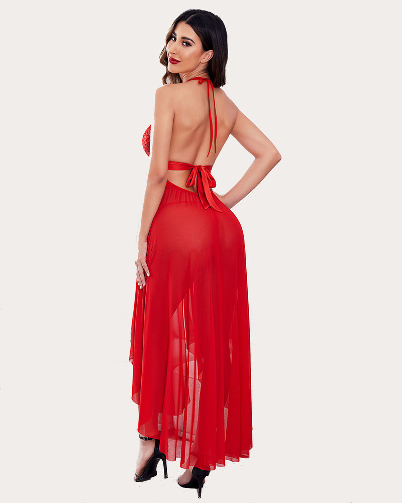 Red sheer deep V halter nightwear with bow ties and flowing layered skirt