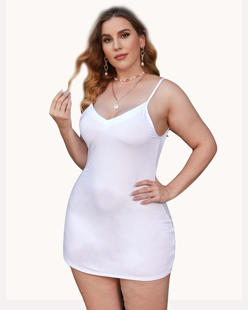 White cami slip dress shapewear with thin straps and V-neck front