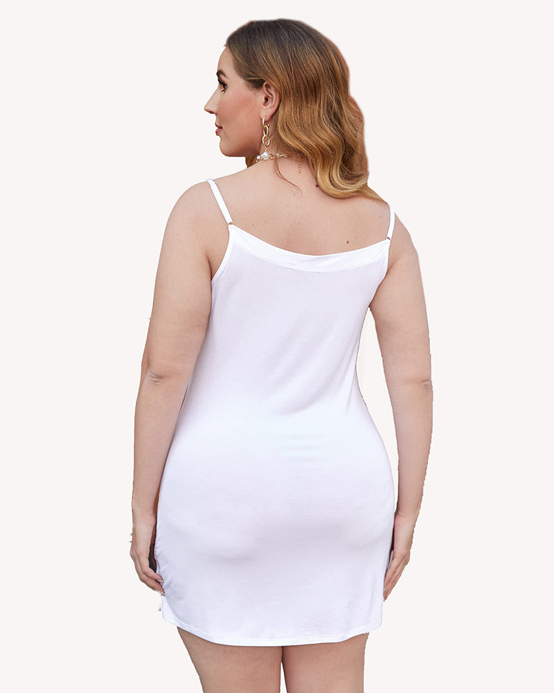 White cami slip dress shapewear, open-back look with thin spaghetti straps