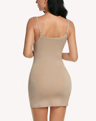 Beige cami slip dress shapewear with thin straps and V-neck front