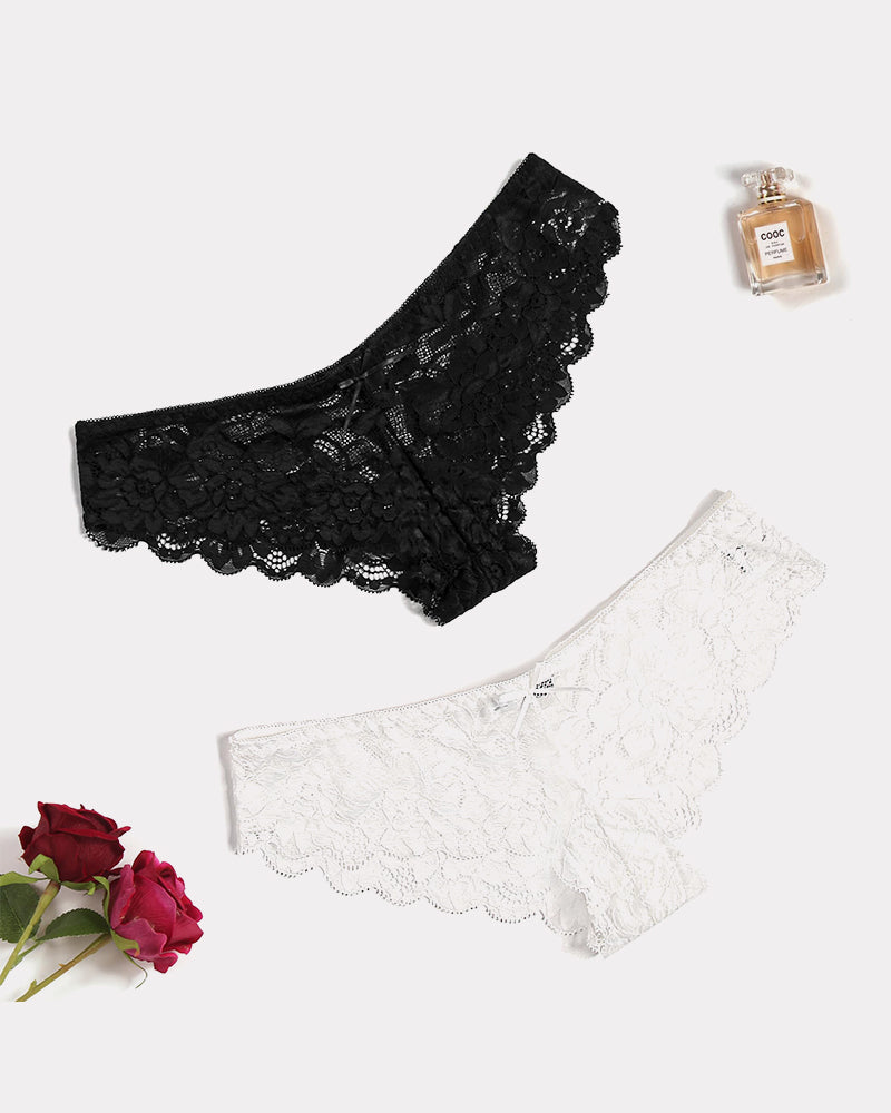Black and white floral lace hipster panties with scalloped lace trim