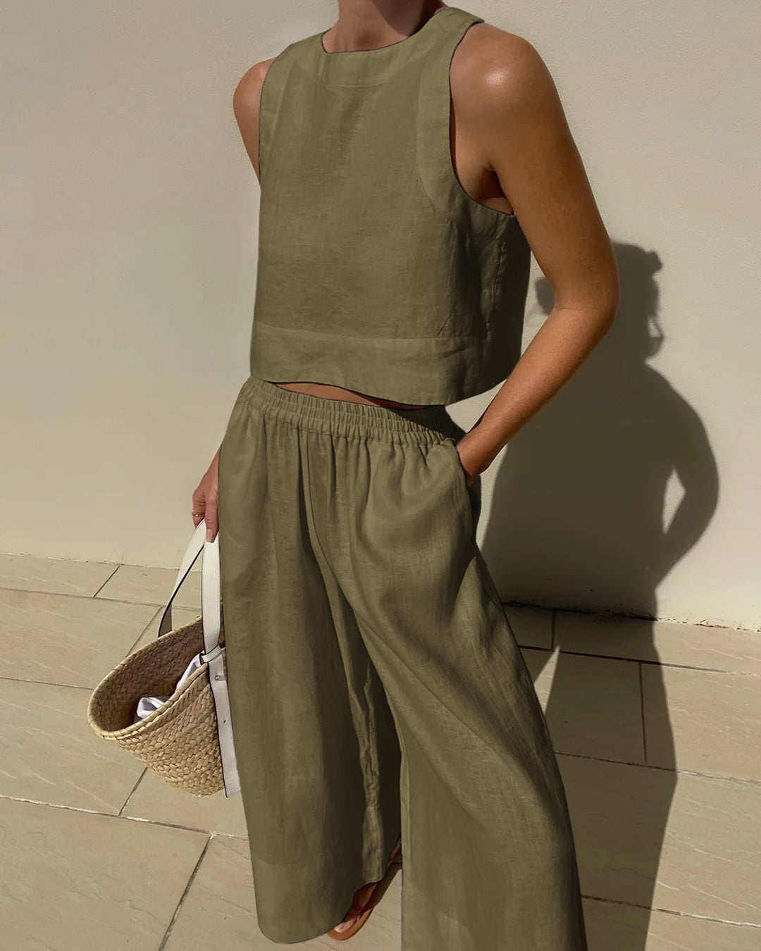 Khaki sleeveless crop top and wide-leg pants set with elastic waist, relaxed wide legs.