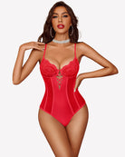 Red lace teddy bodysuit with deep V neckline, lace cups, crisscross sheer center