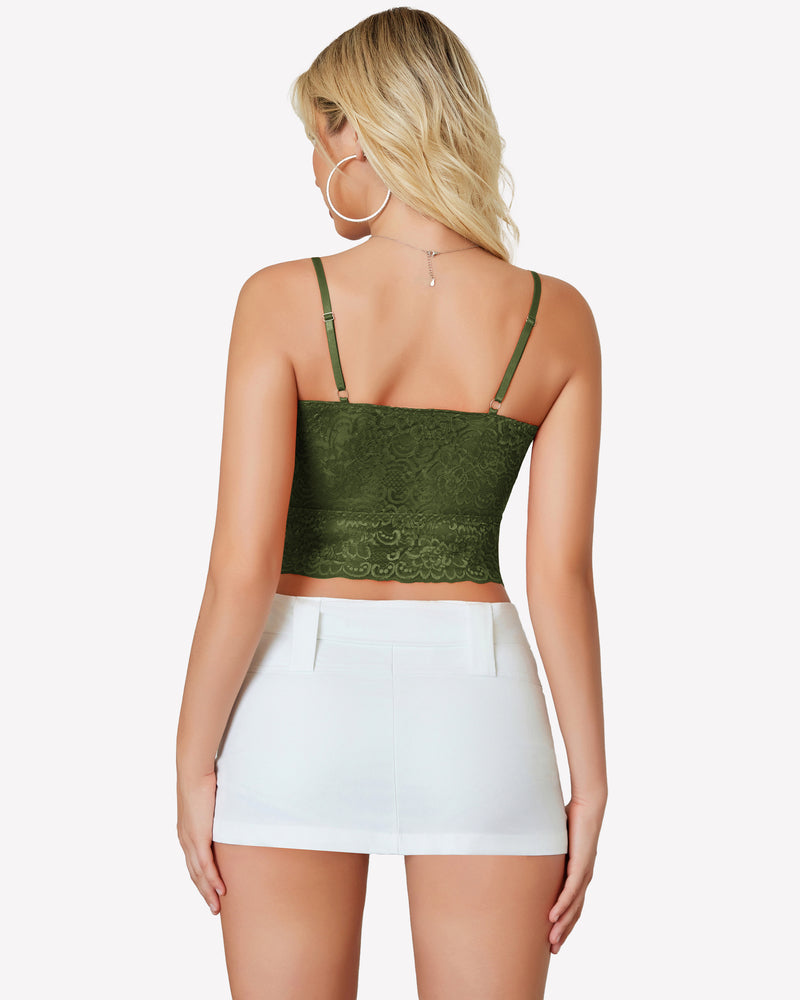 Lace tank top bralette, dark green lace back view with thin straps