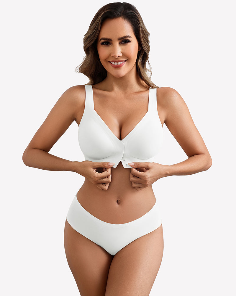 White seamless front-closure bralette with V-neck and soft cups