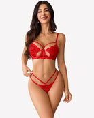 Red lace bra and panty set, butterfly cutout, strappy lace harness
