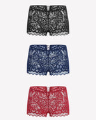 Set of lace boxer briefs in black, navy blue, and dark red with scalloped hems