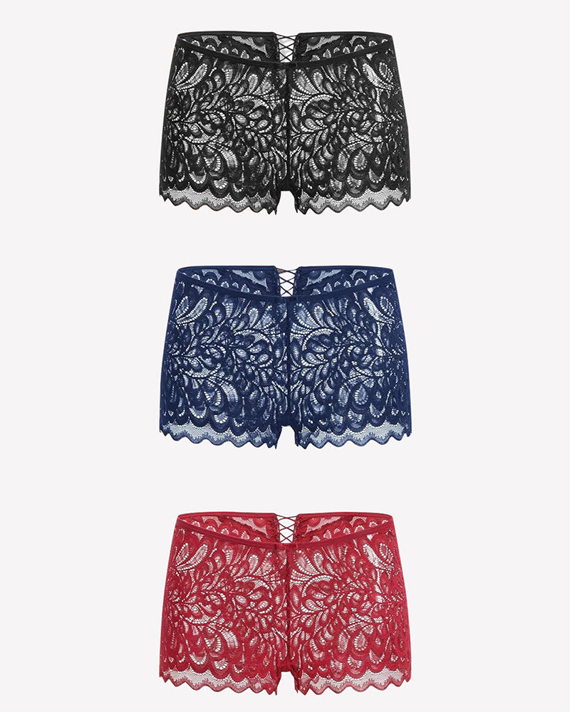 Set of lace boxer briefs in black, navy blue, and dark red with scalloped hems