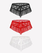 Floral lace ruffle briefs set in black, red, and white with center bows.