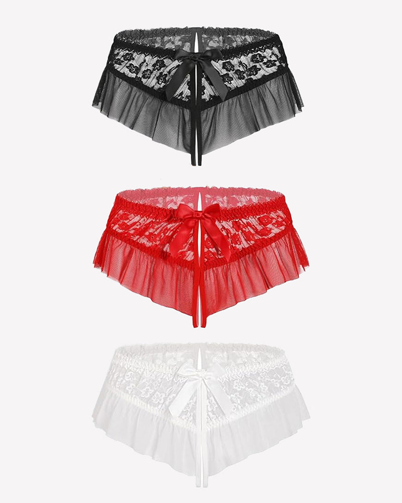 Floral lace ruffle briefs set in black, red, and white with center bows.