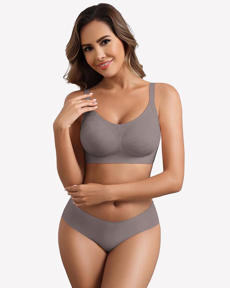 Grey full-coverage wireless bra with smooth contoured cups and adjustable straps