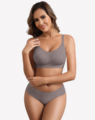 Grey full-coverage wireless bra with smooth contoured cups and adjustable straps