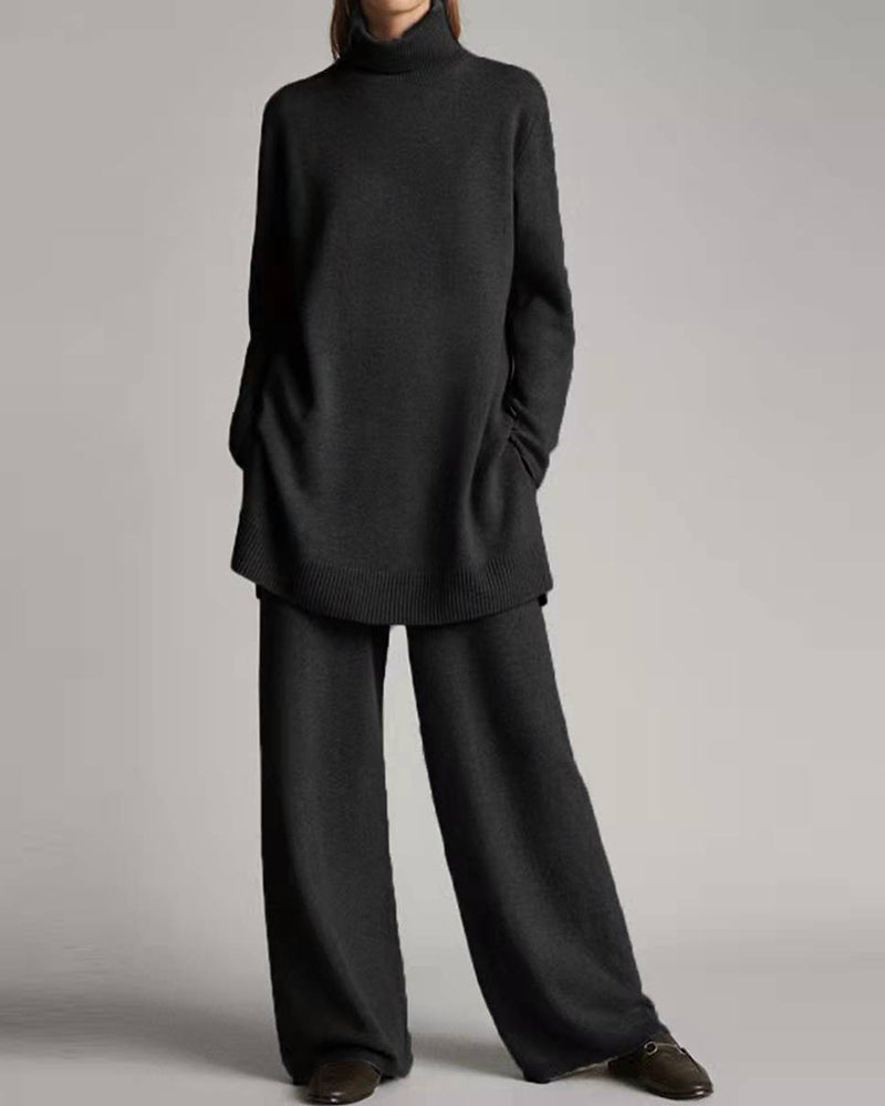 Black turtleneck sweater top with wide-leg pants set, long sleeves