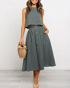 Sleeveless crop vest and button-front midi skirt set, gray, sleeveless top