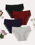 4-pack lace-trim panties with crisscross back; black, red, navy, light gray