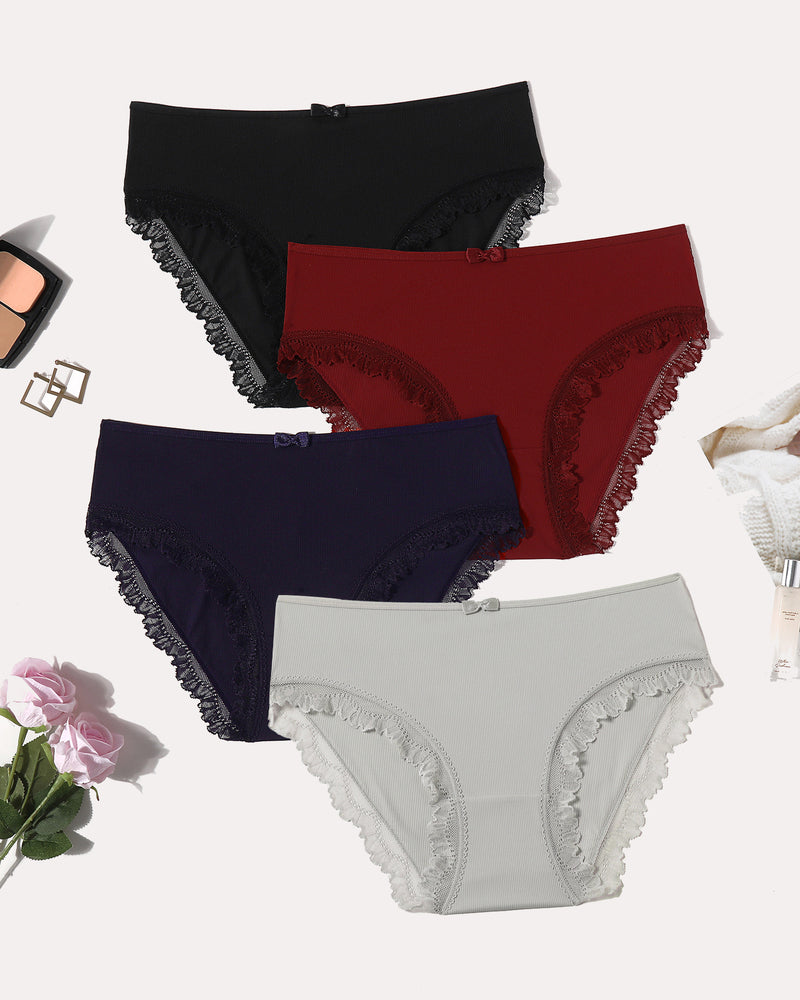 4-pack lace-trim panties with crisscross back; black, red, navy, light gray