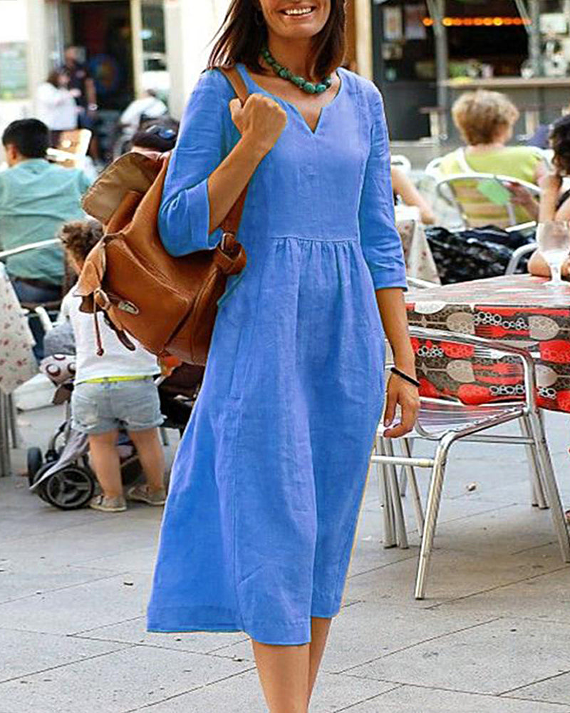 Blue loose cotton linen beach dress with V-neck, 3/4 sleeves, and gathered waist