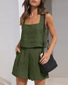 Sleeveless crop top and shorts set, army green, square neckline