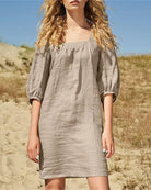 Khaki square-neck casual dress with gathered yoke and three-quarter puff sleeves