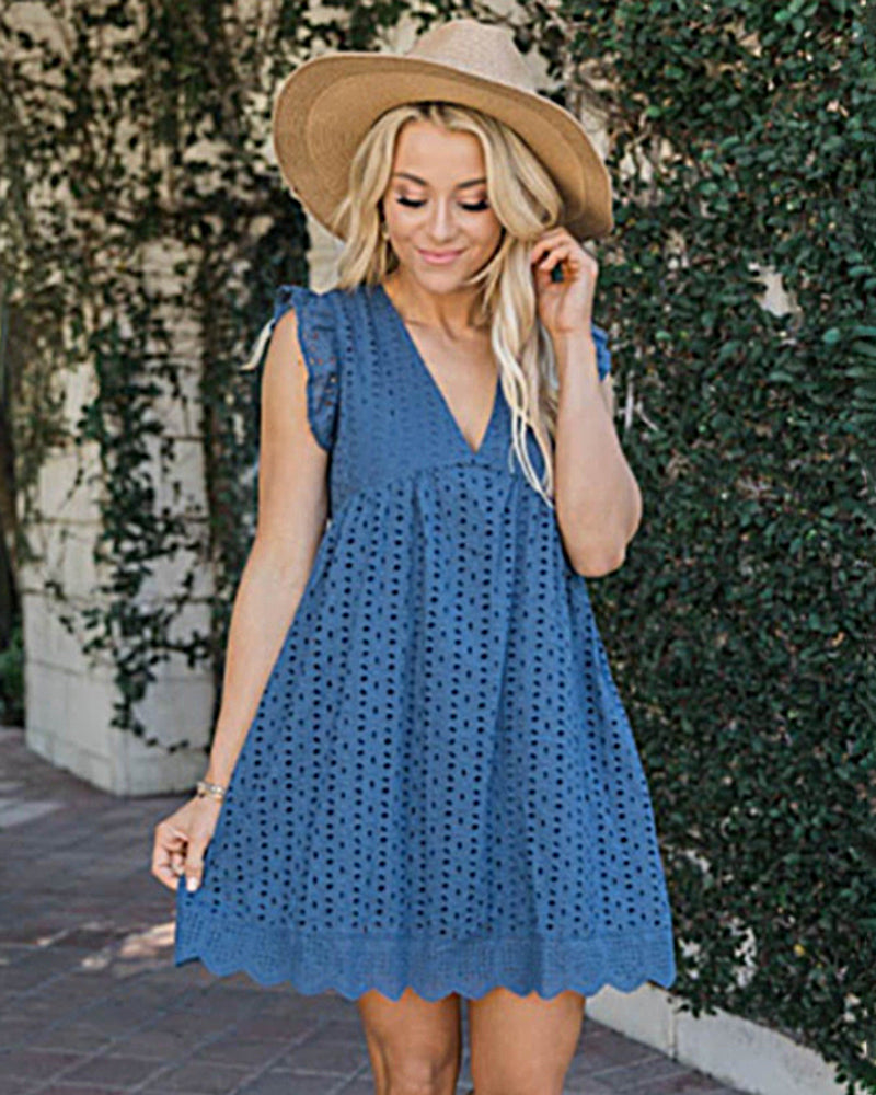 Dark blue lace dress with V-neck, sleeveless cap design, eyelet pattern, side pockets