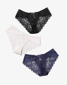 Lace hipster panties set in black, white, and navy with scalloped lace trim