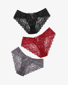 Lace hipster panties assortment in black, red, and dark gray