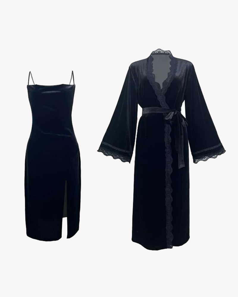 Navy velvet dress and robe set with deep V-neck, lace trim, belted robe, side slit