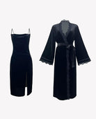 Navy velvet dress and robe set with deep V-neck, lace trim, belted robe, side slit
