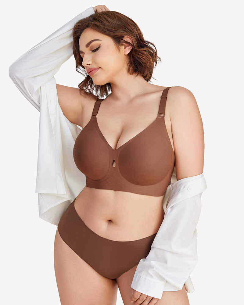 Coffee-brown padded wireless bra with V plunge and adjustable straps; matching briefs