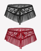 Lace briefs in black and red with embroidered floral trim and tied bow