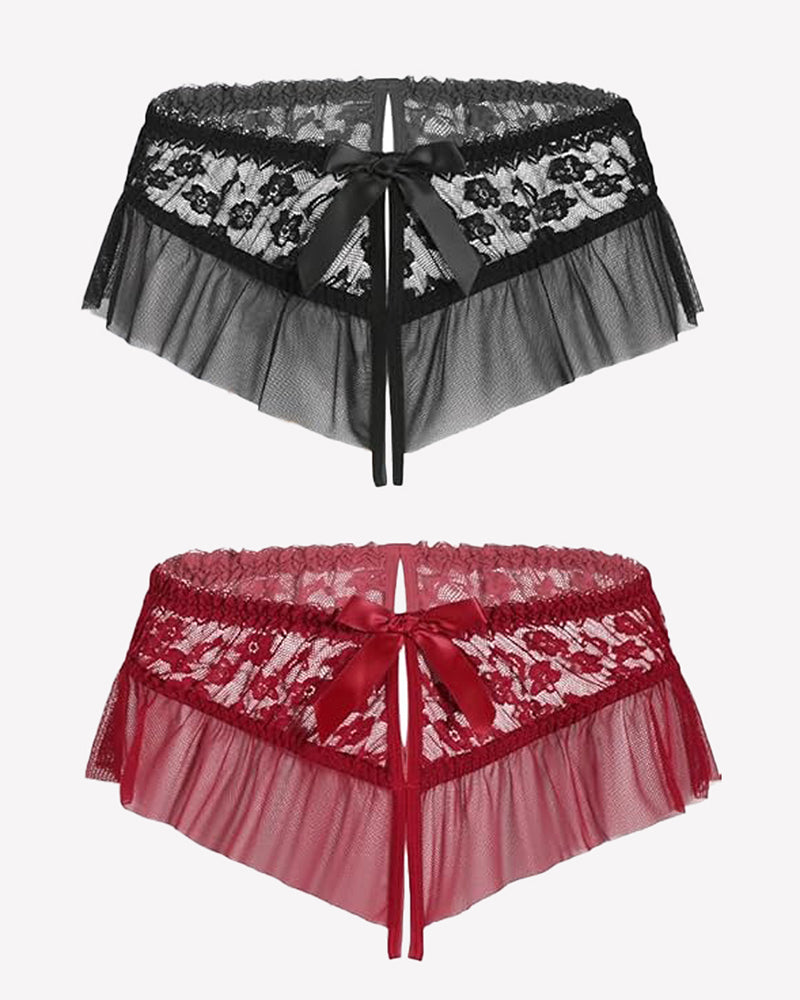 Lace briefs in black and red with embroidered floral trim and tied bow