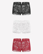 Set of lace boxer briefs in black, white, and dark red with scalloped hems