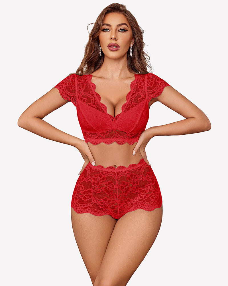 Red lace push-up bra and matching lace panty set, front view with scalloped lace edges