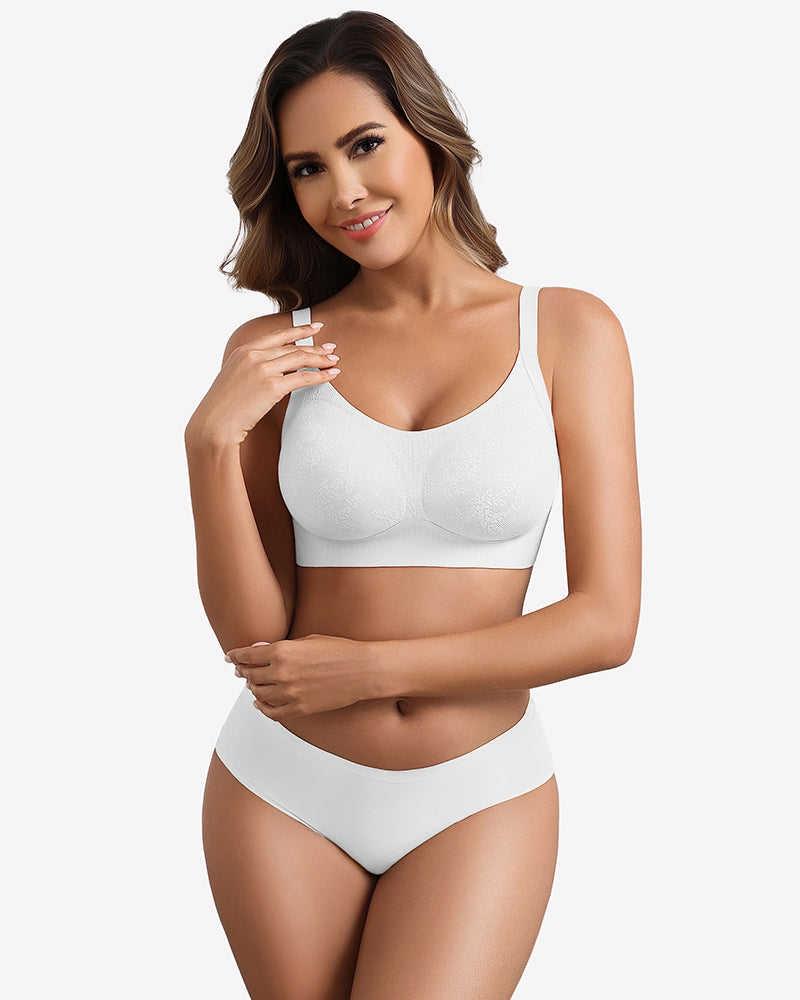 White full-coverage wireless bra with smooth contoured cups and adjustable straps