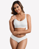 White full-coverage wireless bra with smooth contoured cups and adjustable straps
