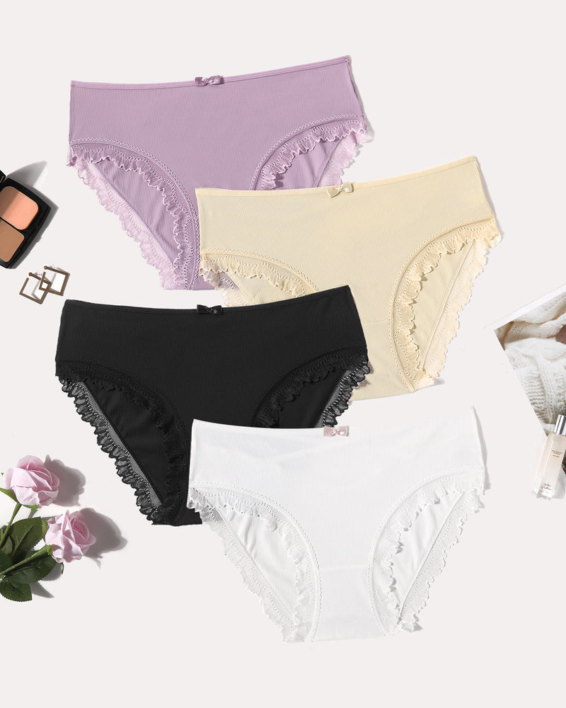 4-pack lace-trim panties with crisscross back; lavender, cream, black, white