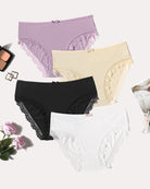 4-pack lace-trim panties with crisscross back; lavender, cream, black, white