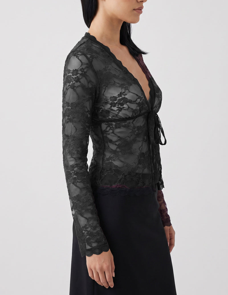 Black sheer floral lace cardigan with deep V tie-front and long sleeves
