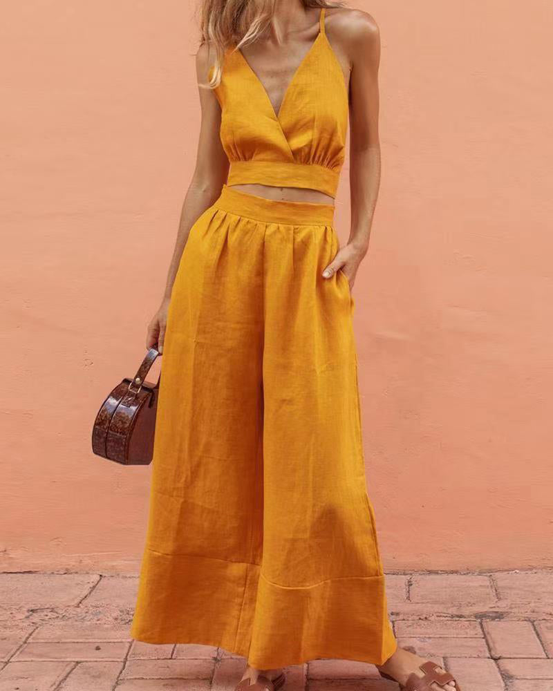 Yellow lace-up crop tank and long pants set, V-neck wrap bodice, wide-leg pants