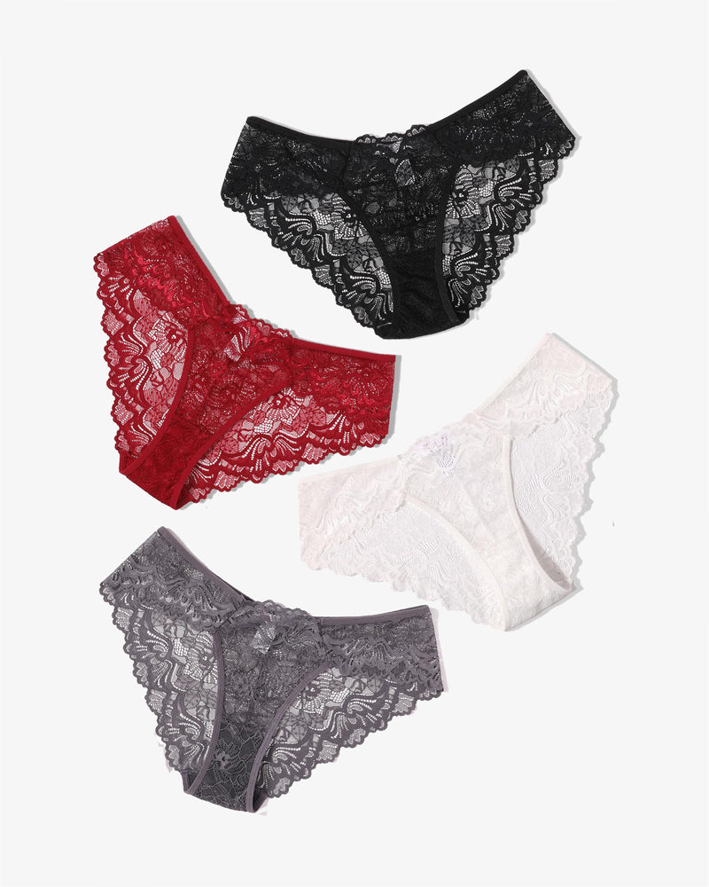 Lace hipster panties set in black, red, white, and dark gray, scalloped edges