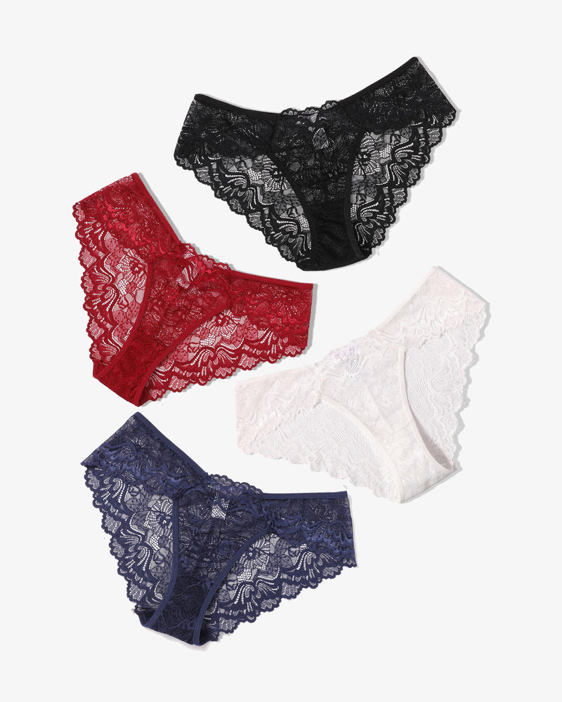 Lace hipster panties set in black, red, white, and navy with scalloped lace trim