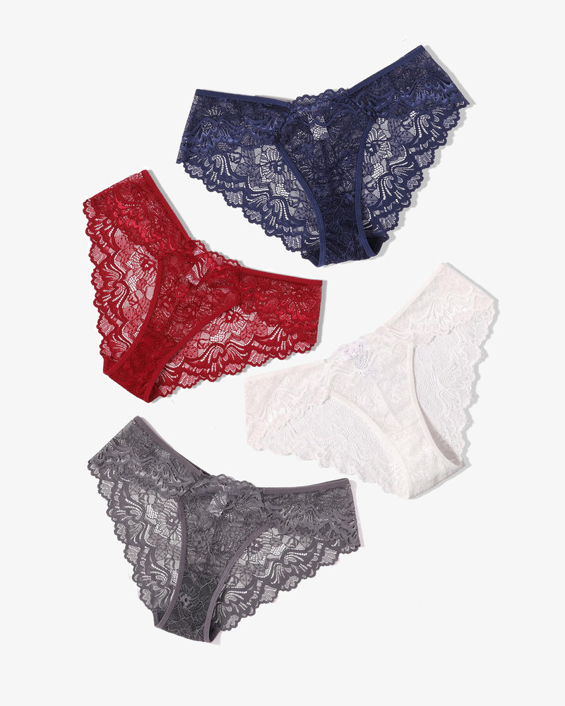Lace hipster panties set in navy, red, white, and gray with scalloped lace trim