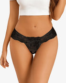 Black lace hipster panties with scalloped lace waistband and full lace coverage