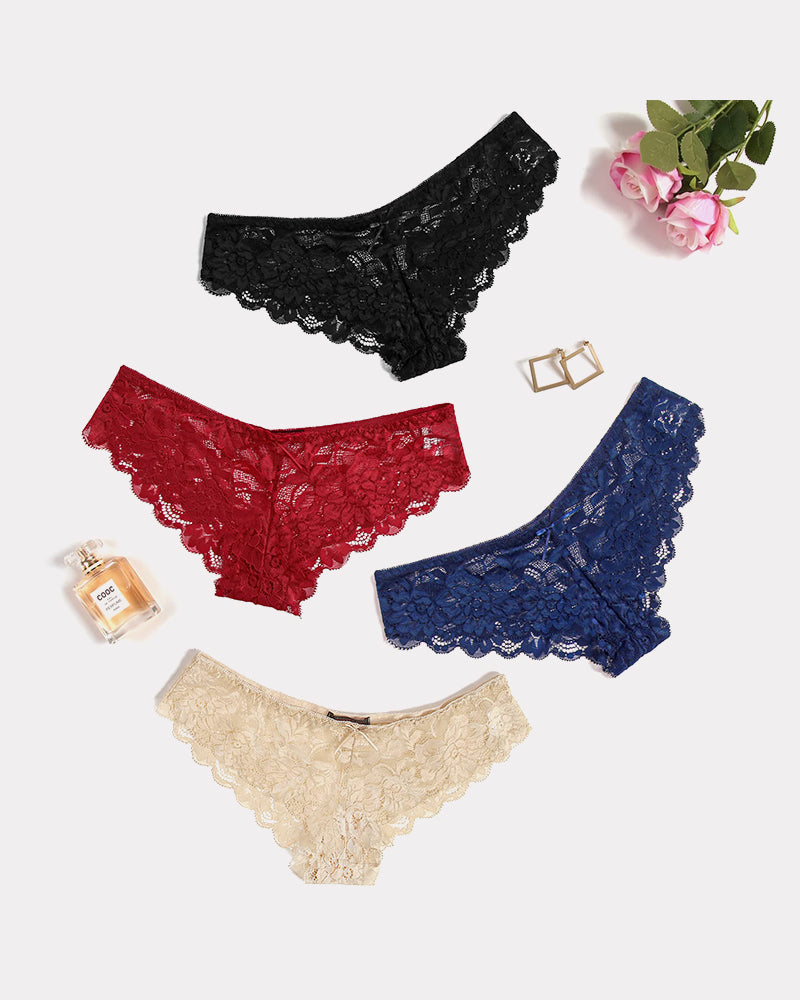 Floral lace hipster panties set in black, red, blue, and beige with scalloped edges