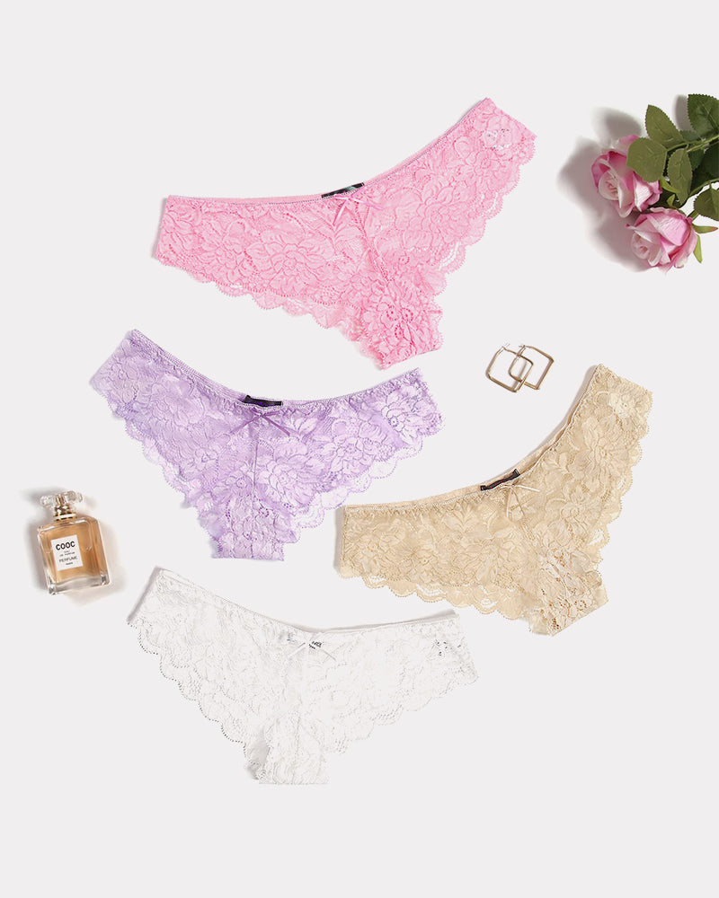 Floral lace hipster panties set in pink, lavender, beige, and white with scalloped edges